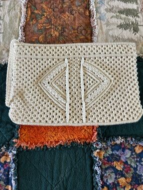 Cream Crochet Clutch Bag with Textured Geometric Detail